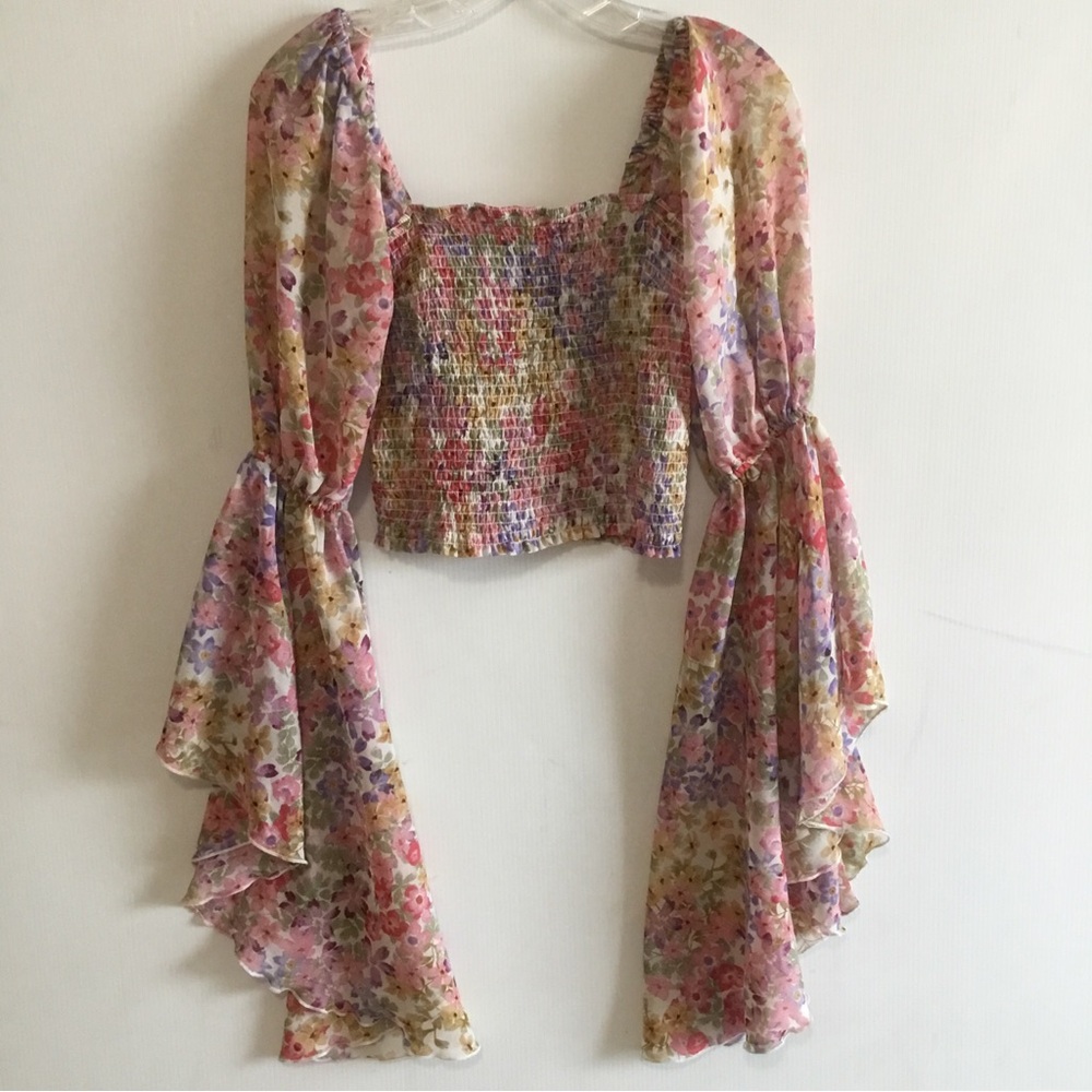 Live 4 Truth Top Boho M PINK Print Long Bell Fairy Core Sleeve Smock Cropped